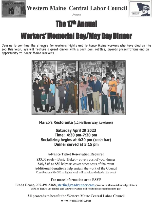 Western Maine Labor Council's 17th Annual Workers Memorial/May Day Flyer