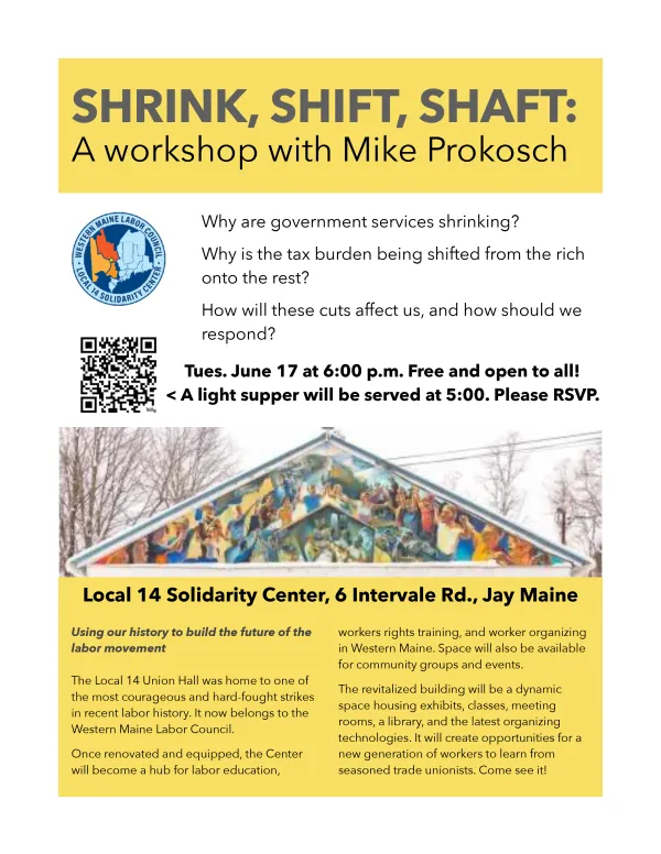 Flier for 2025 "Shrink Shift Shaft" event at the Local 14 Hall