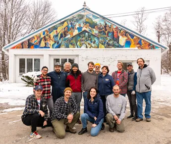 The archiving crew, in front of the hall