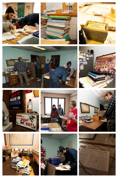 Photos of sorting and archiving the contents of the Local 14 Union Hall, Spring 2025